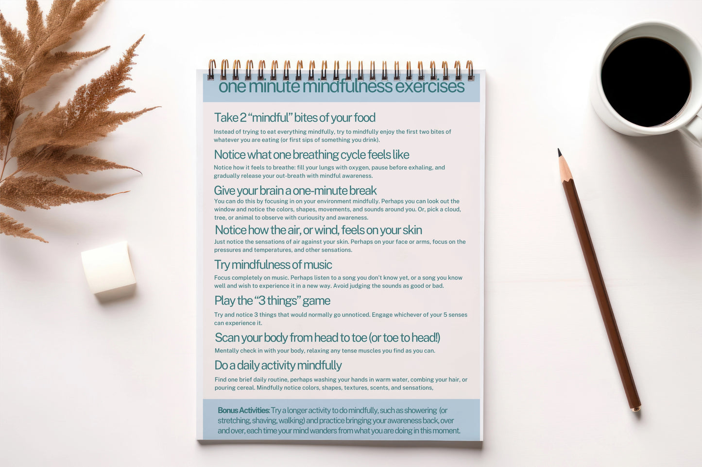One Minute Mindfulness Exercises | Printable Mental Health Poster & Therapy Handout
