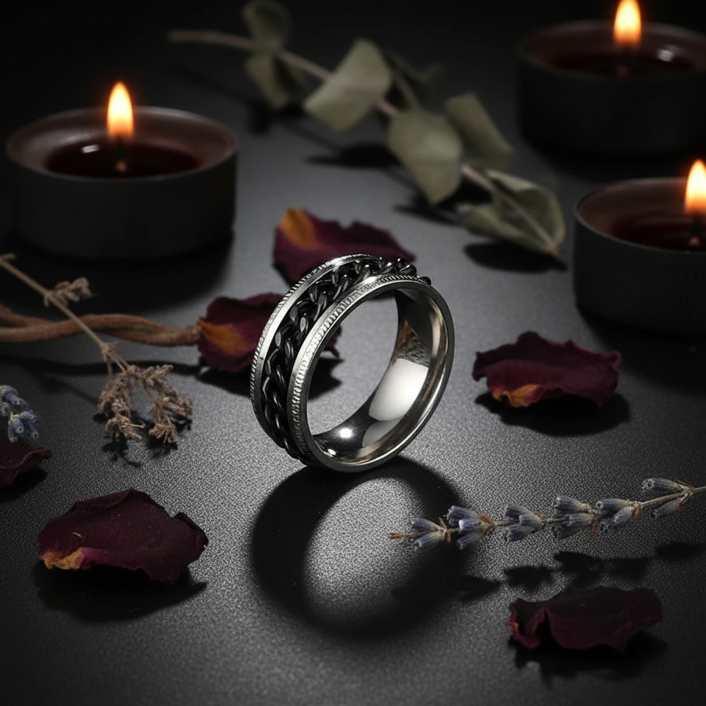 Silver ring with black chain spinner