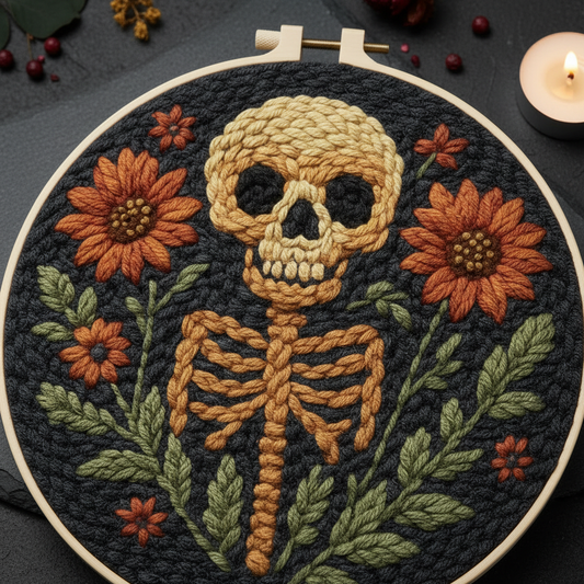 Close up detail of finished skull and floral punch needle embroidery