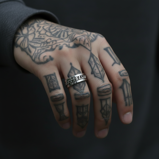 Hand with tattoos wearing silver fidget spinner ring