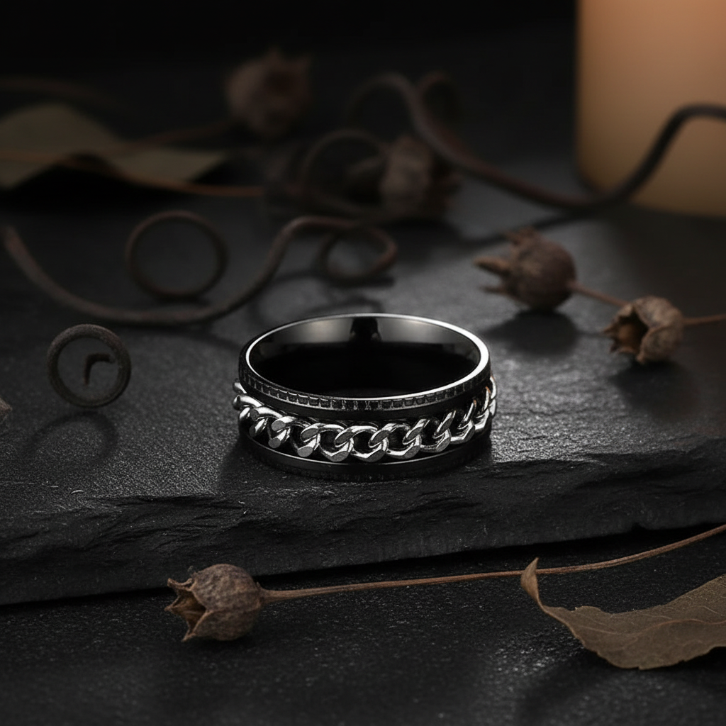 Black ring with silver chain spinner